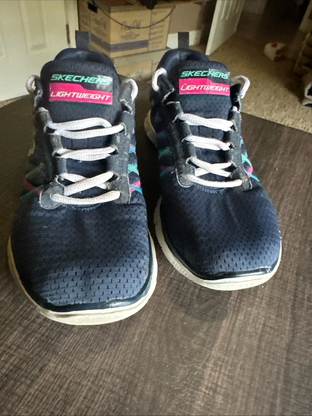 SKECHERS Flex Sole Women Size 8.5 Navy Lace-Up Textile Walking Sneakers